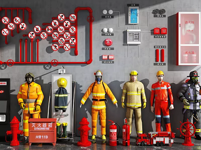 Male Firefighter Mannequins In Fire Suits With Fire Hydrants And Equipment 3d model
