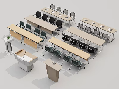 Modern Conference Room Setup With Long Tables Black Chairs And Podiums 3d model