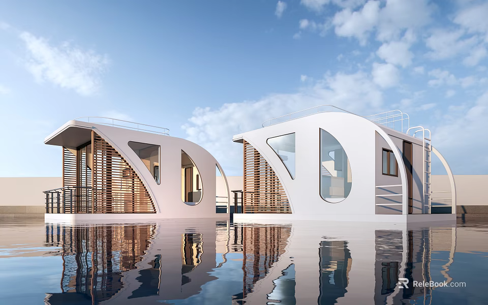 Modern Boutique Guesthouse Architecture On Water With Curved Design And Large Windows 3d model 