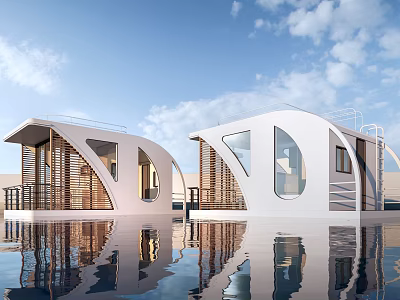 Modern Boutique Guesthouse Architecture On Water With Curved Design And Large Windows 3d model