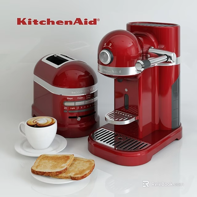 Red Coffee Maker Toaster Set With Coffee Cup And Toast Slices 3d model 