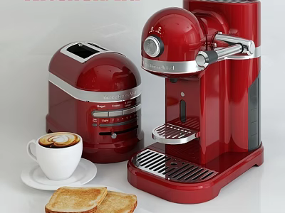 Red Coffee Maker Toaster Set With Coffee Cup And Toast Slices 3d model