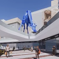 Vibrant Commercial Street Featuring Giant Blue Bear Sculpture and Pedestrians Near Modern Buildings
