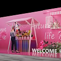 Pink Outdoor Setting With Palm Tree Umbrella Chairs And Romantic Journey