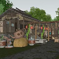 Traditional Garden Landscape Featuring Wooden Architecture Tea Pot Decor and Green Plant Courtyard