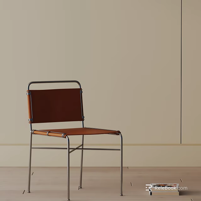 Modern Minimalist Dining Chair With Brown Leather Seat And Metal Frame 3d model 