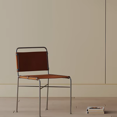 Modern Minimalist Dining Chair With Brown Leather Seat And Metal Frame 3d model