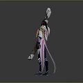 Fantasy Character Standing With Long Weapon And Sword On Back In White Green Outfit