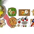 Assorted Fresh Foods Including Pizza Sausages Fruits Vegetables Pasta Bread And Olive Oil