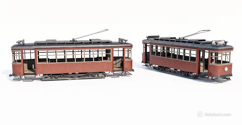Vintage Trams Side By Side With Red Carriages Windows And Roof Pantographs 3d model 