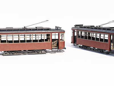 Vintage Trams Side By Side With Red Carriages Windows And Roof Pantographs 3d model