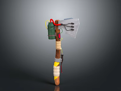 Handmade DIY Tool With Red Head Wooden Handle Tape Wrapped Green Container And White Fabric 3d model