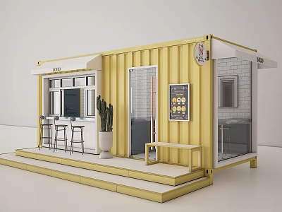 Yellow Shipping Container Cafe Building With Awning Outdoor Seating And Menu Board 3d model