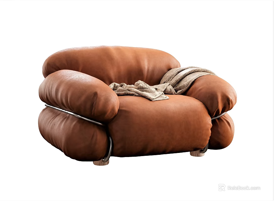 Plush Brown Leather Single Sofa With Cozy Blanket And Rounded Arms 3d model 