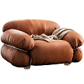 Plush Brown Leather Single Sofa With Cozy Blanket And Rounded Arms 3d model