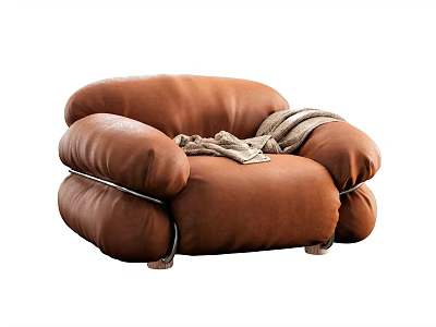 Plush Brown Leather Single Sofa With Cozy Blanket And Rounded Arms 3d model