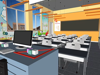 School Classroom Interior With Computer Desks Chairs Blackboard Windows And Decorations 3d model