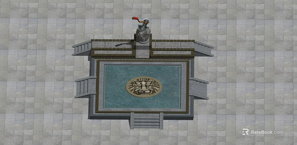 Cartoon Scene Of Square Structure With Central Pool Emblem And Red Flag Statue 3d model 
