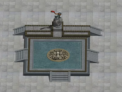 Cartoon Scene Of Square Structure With Central Pool Emblem And Red Flag Statue 3d model