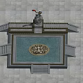 Cartoon Scene Of Square Structure With Central Pool Emblem And Red Flag Statue
