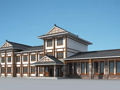 Traditional Chinese Architecture With White Walls Brown Frames And Black Roof Design 3d model