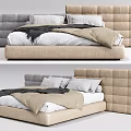 Modern Double Bed with Tufted Headboard Beige Grey Upholstery White Sheets and Blanket 3d model