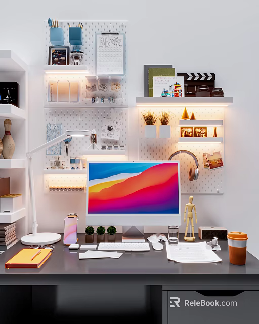 Stylish Wall Decor With Pegboard Photos Small Decor Items And Potted Plants On Shelves 3d model 