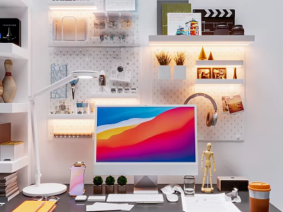 Stylish Wall Decor With Pegboard Photos Small Decor Items And Potted Plants On Shelves 3d model