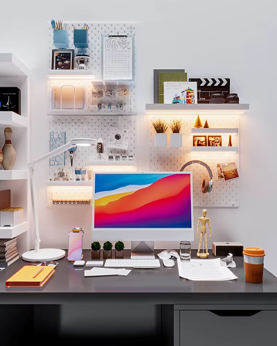 Stylish Wall Decor With Pegboard Photos Small Decor Items And Potted Plants On Shelves 3d model