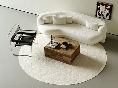 White Curved Sofa Set with Cushions Black Chair Wooden Coffee Table and Round Rug 3d model