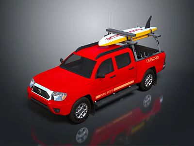 Red Lifeguard Pickup Truck With Surfboard And Roof Rack 3d model