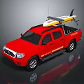 Red Lifeguard Pickup Truck With Surfboard And Roof Rack
