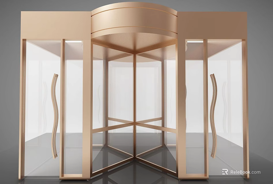 Elegant Modern Revolving Door Components With Golden Metal Frame And Clear Glass Panels 3d model 
