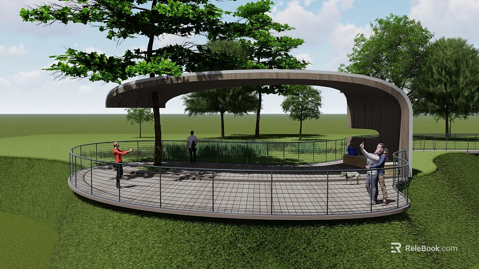 Outdoor Roadside Pedestrian Platform With Circular Design Railing Trees And Grassland 3d model 