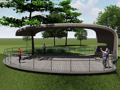 Outdoor Roadside Pedestrian Platform With Circular Design Railing Trees And Grassland 3d model