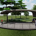 Outdoor Roadside Pedestrian Platform With Circular Design Railing Trees And Grassland