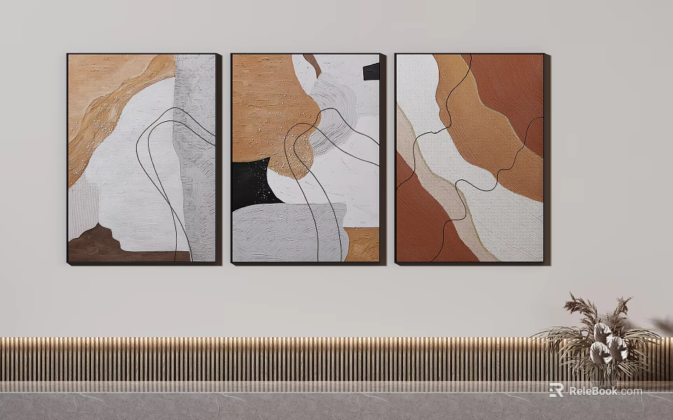 Three Abstract Paintings With Brown Beige Black White Tones On Wall With Golden Trim 3d model 