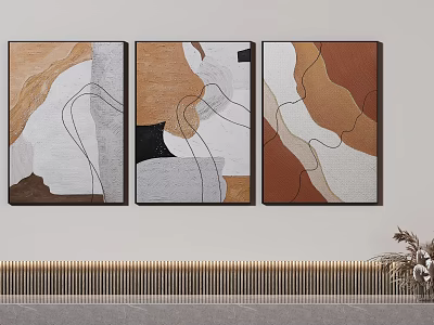 Three Abstract Paintings With Brown Beige Black White Tones On Wall With Golden Trim 3d model