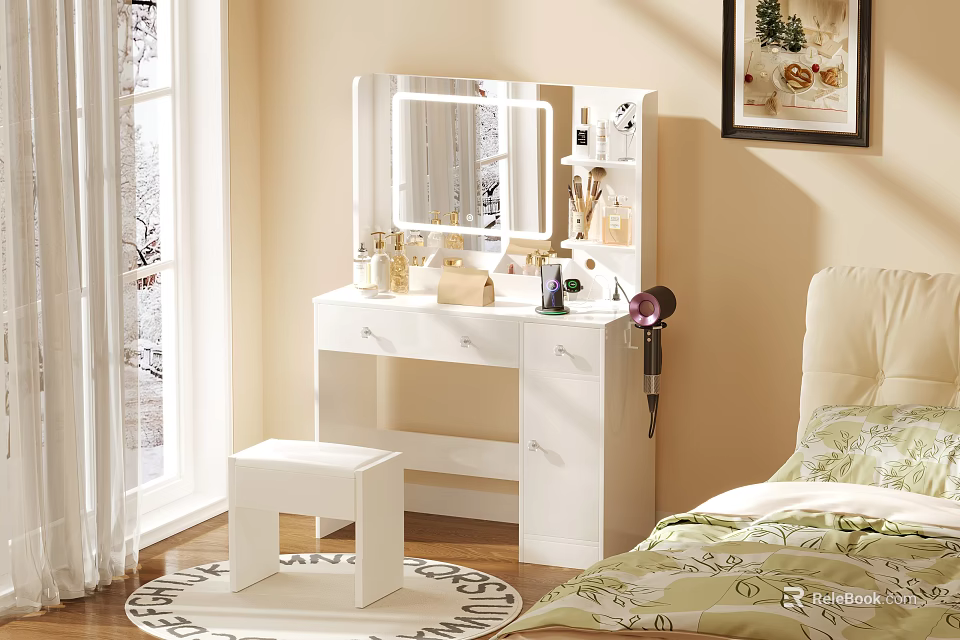 Bedroom Interior Design With White Dressing Table Mirror Stool Green Bedding And Window Curtains 3d model 