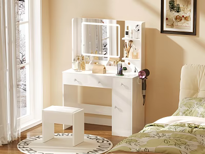 Bedroom Interior Design With White Dressing Table Mirror Stool Green Bedding And Window Curtains 3d model