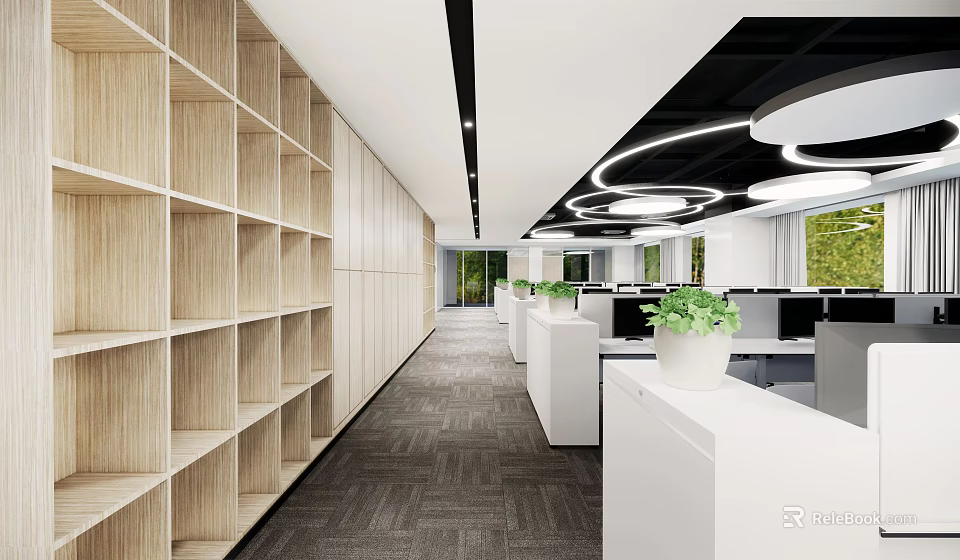 Modern Public Office Space Featuring Wooden Bookshelves Gray Carpet White Desks Green Plants And Circular Lights 3d model 