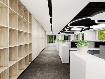 Modern Public Office Space Featuring Wooden Bookshelves Gray Carpet White Desks Green Plants And Circular Lights 3d model
