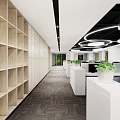 Modern Public Office Space Featuring Wooden Bookshelves Gray Carpet White Desks Green Plants And Circular Lights