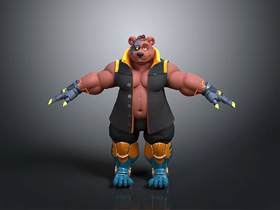 3D Muscular One Eyed Bear Character With Black Vest Yellow Knee Pads And Clawed Hands 3d model