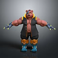 3D Muscular One Eyed Bear Character With Black Vest Yellow Knee Pads And Clawed Hands