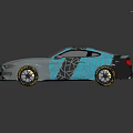 Silver Sports Car With Blue Geometric Pattern Sleek Design And Black Alloy Wheels