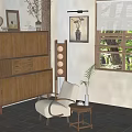 Wooden Decorative Cabinet Interior with Windows White Chair Floor Lamp and Wall Painting