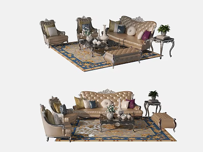 Luxurious Classic Sofa Coffee Table Set With Decorative Pillows Carved Details And Area Rug 3d model