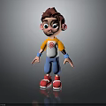3D Cartoon Child With Brown Hair Big Eyes Orange White Tshirt Blue Shorts Red Shoes