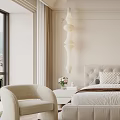 Modern Bedroom Interior with Beige Tufted Bed Green Cabinet and Black White Geometric Rug